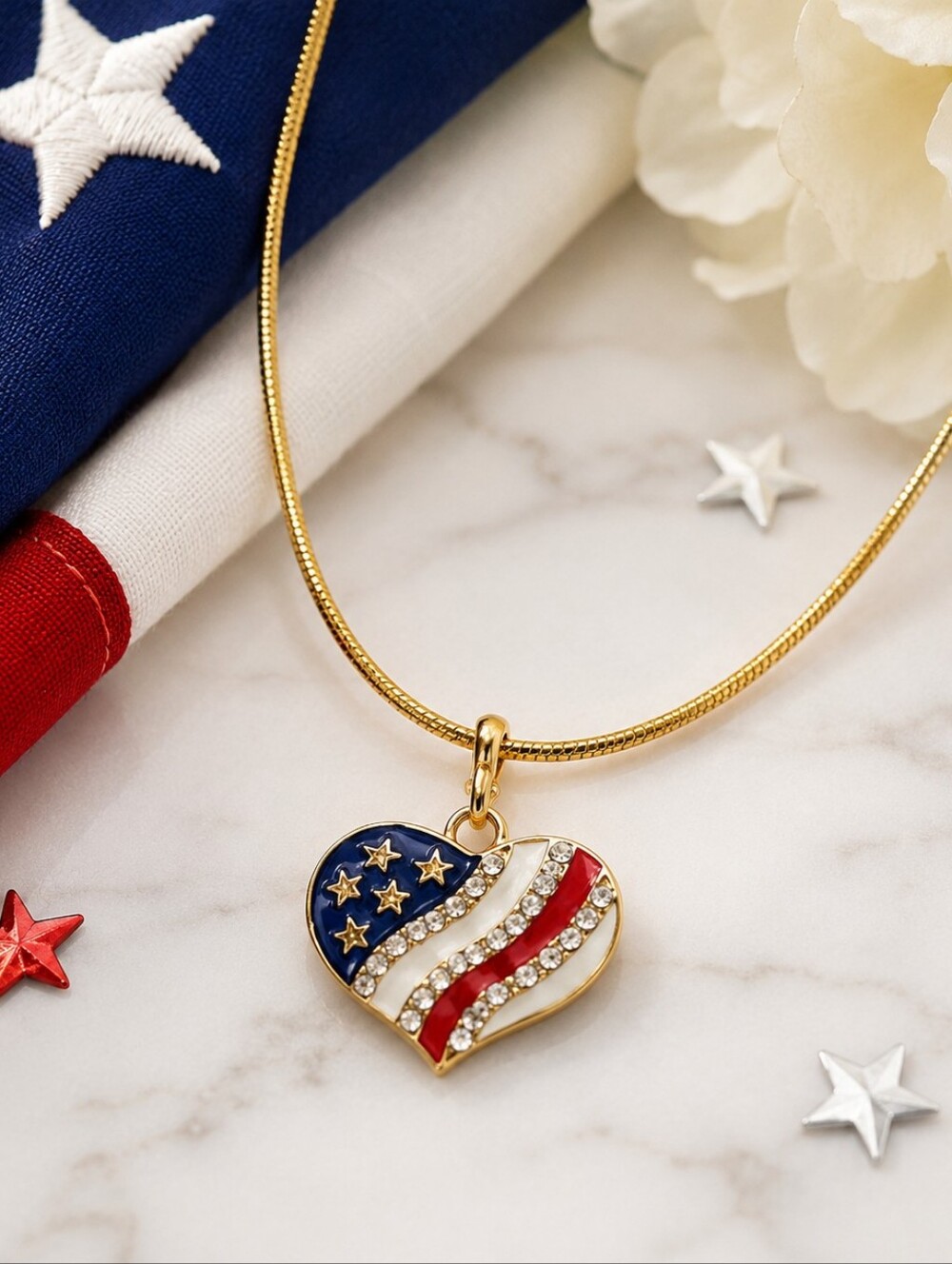 Patriotic American Flag Heart Necklace 18KGP Snake Chain 4th of July